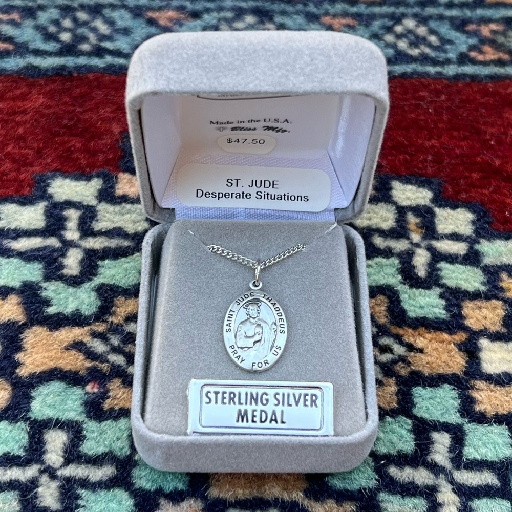 St. Jude Sterling Silver Oval Religious Medal Necklace 18” Curb Chain